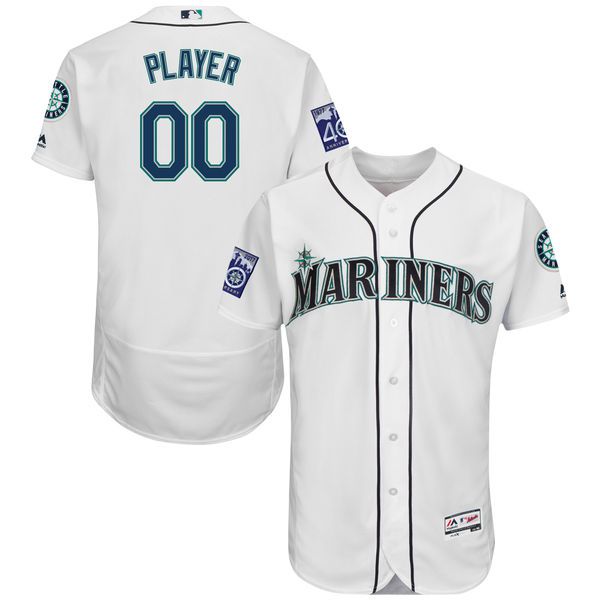 Men Seattle Mariners Majestic Home White 2017 Authentic Flex Base Custom MLB Jersey with Commemorative Patch